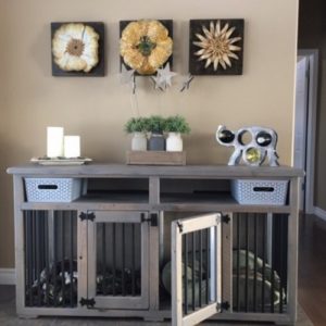 Rustic modern dog crate hall table hand made from local barnwood accented with black hardware