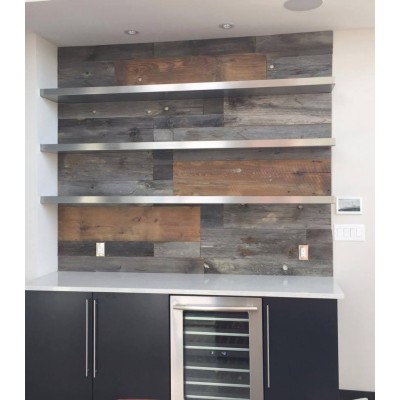 Accent wall using grey and brown weathered wood