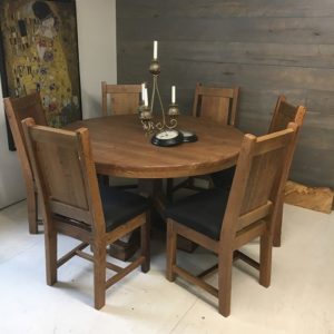 Farmhouse round pedestal dining table constructed with solid timbers