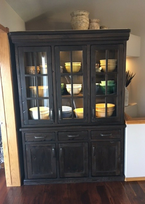 Rustic modern farmhouse buffet hand crafted from barnwood and finished off with rain glass